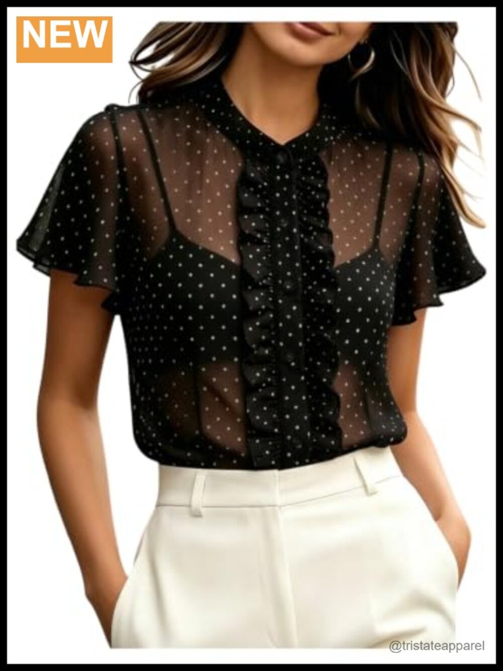 Women's Polka Dot Ruffle Blouse Sheer Chiffon Button Front Office Top